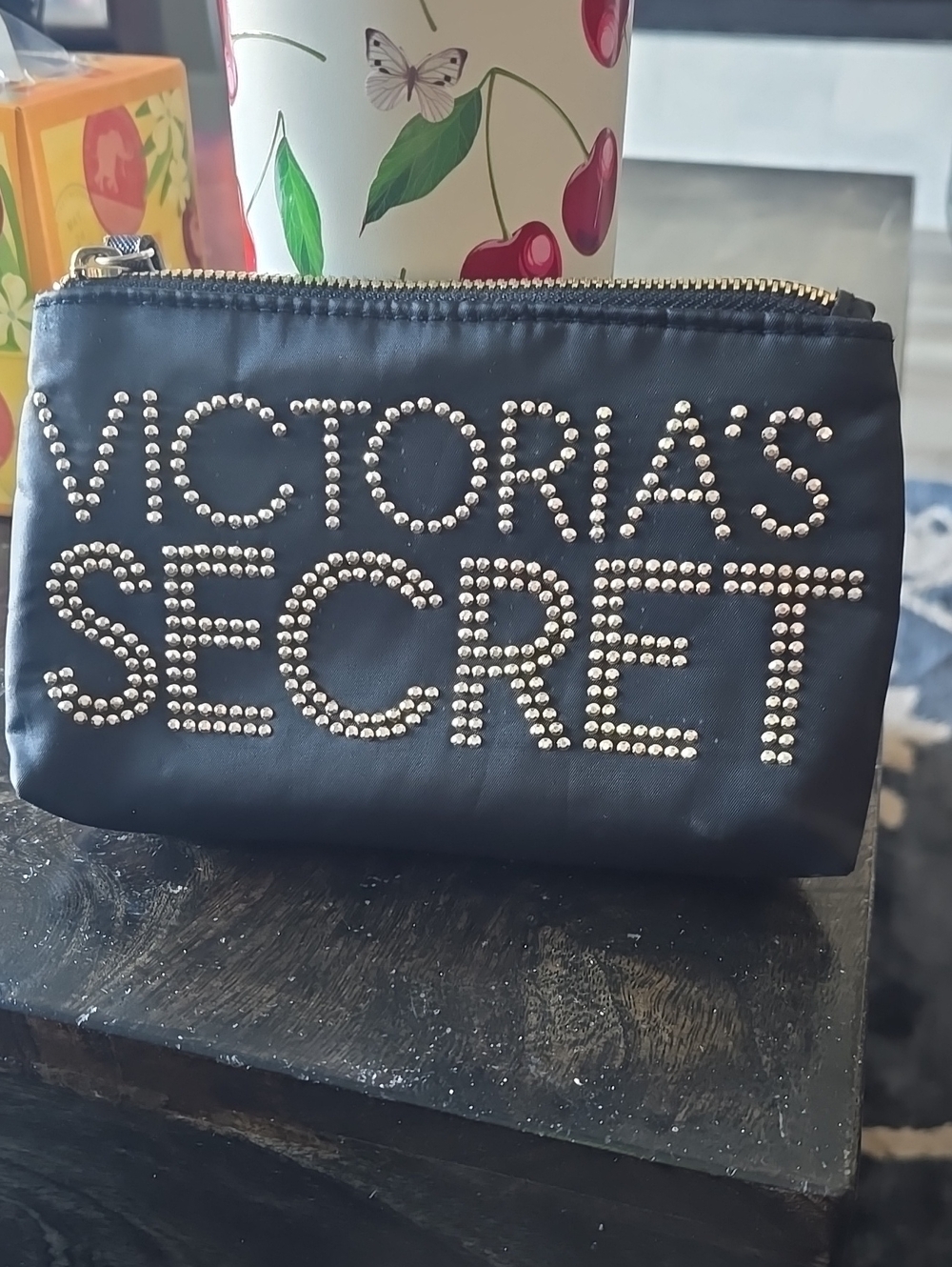 Victoria's Secret Black Gold Studded Logo Cosmetic Pouch